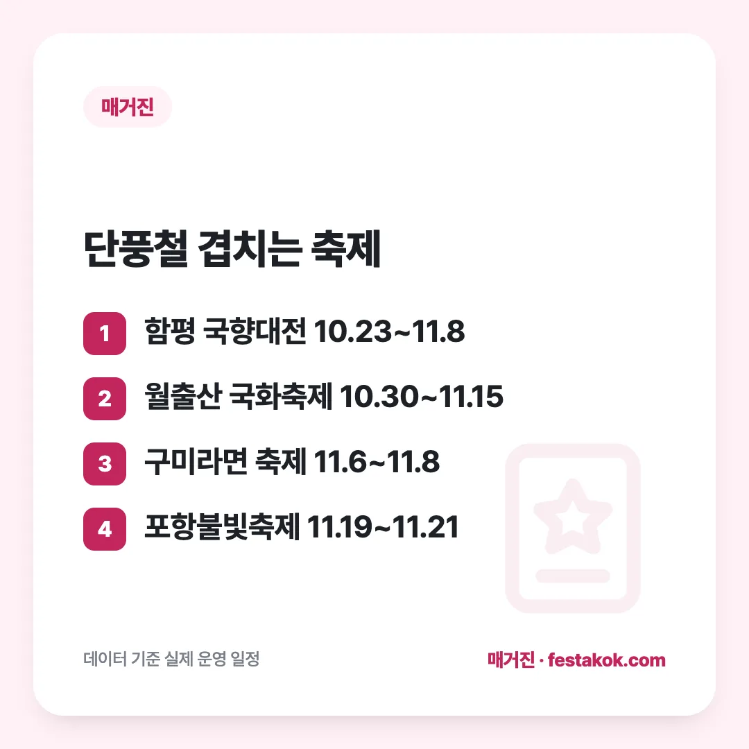 단풍철 겹치는 축제: 함평 국향대전 10.23~11.8 / 월출산 국화축제 10.30~11.15 / 구미라면 축제 11.6~11.8 / 포항불빛축제 11.19~11.21