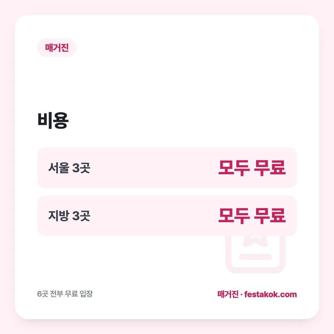 비용: 서울 3곳 모두 무료, 지방 3곳 모두 무료